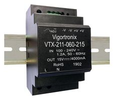 VIGORTRONIX - VTX-211-060-215 - AC/DC DIN Rail Power Supply (PSU), ITE, 1 Output, 60 W, 15 VDC, 6.5 A