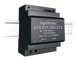 VIGORTRONIX - VTX-211-100-212 - AC/DC DIN Rail Power Supply (PSU), ITE, 1 Output, 90 W, 12 VDC, 7.5 A